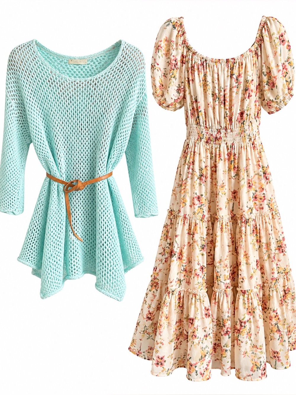 Romantic Floral Gold Foil Dress + 100% Cotton Aqua Open-Knit Sweater 2-Piece Set
